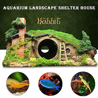 Large Aquarium Decoration Hobbit House Cave, 10.6 * 7 * 5.9 inches Resin Fish Hideout Betta Hiding Reptile Hole Shelter Snake Tank Fish Tank Ornament Rockery Landscaping
