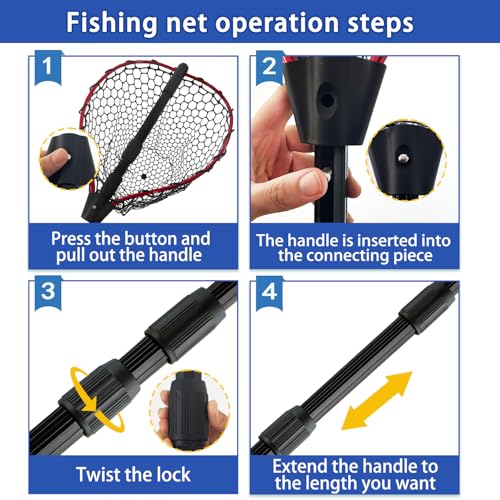 Telescoping Metal Lock Fishing Net with Handle Red Green 64" 52" Rubber Fish Net - Adjustable Length Lightweight Foldable Large Big Collapsible Extendable Fishing Net - color: Red with black handle(3-section pole)