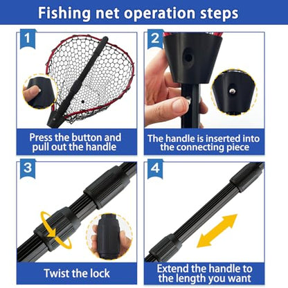 Telescoping Metal Lock Fishing Net with Handle Red Green 64" 52" Rubber Fish Net - Adjustable Length Lightweight Foldable Large Big Collapsible Extendable Fishing Net - color: Red with black handle(3-section pole)