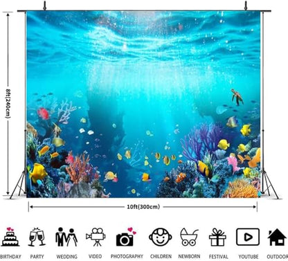 Under The Sea Backdrop 10x8ft Seabed Underwater World Ocean Mermaid Birthday Party Banner Decorations Turtles Fish Coral Photography Background Aquarium Backdrops