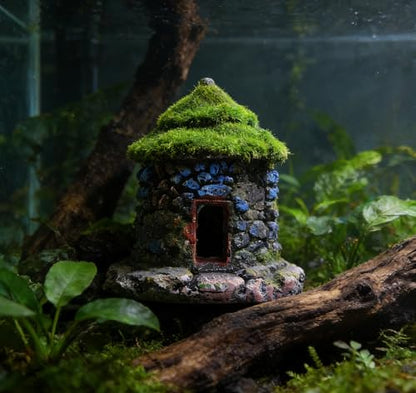M2cbridge Aquarium Decorations Fish Hideout House Betta Cave with Green Lifelike Moss (Style 1) - style: Style 1