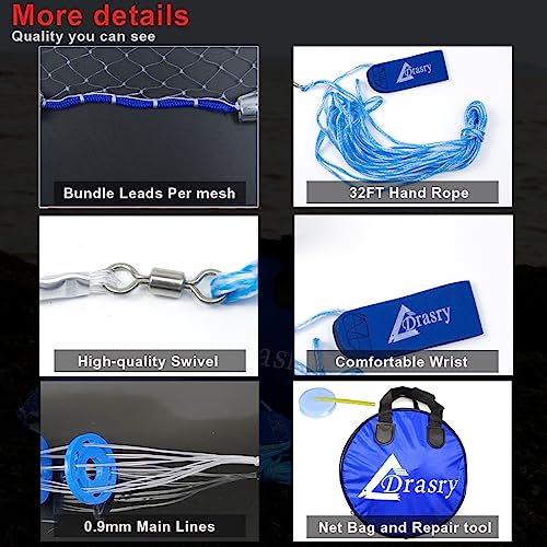 Saltwater American Fishing Cast Net 3/8inch Mesh Size for Bait Shrimp Trap Fish Heavy Duty Sinkers Throw Net 3FT/4FT/5FT/6FT/7FT/8FT/9FT/10FT Radius - color: White, size: 3FT Radius, style: Zinc-iron--mono -3/8" Mesh 1lb/Ft