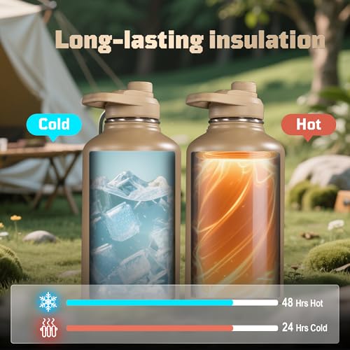 ONETIGRIS 64oz Tactical Insulated Water Bottle with 3 Lids & MOLLE Pouch - color: Brown
