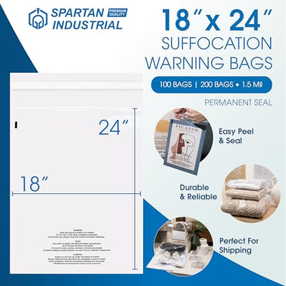 Spartan Industrial - 18" X 24" (250 Count) Self Seal Clear Poly Bags with Suffocation Warning for Packaging, Shipping - Permanent Adhesive - size: 18" x 24"