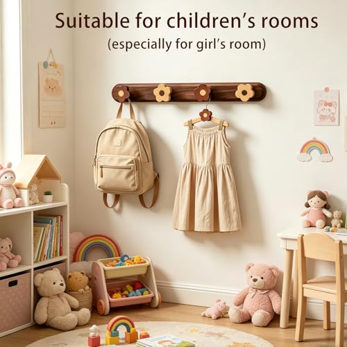 Kids Coat Rack Wall Mount - Wood Cute Flower Coat Hooks for Hanging Clothes,Purse,Robe,Towels,Backpack,Modern Decorative Walnut Wall hooks Heavy Duty Hanger for Girls Nursery,Bathroom,Entryway&Bedroom - size: SH-4 Hooks