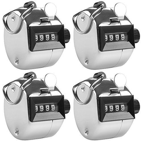 AFUNTA 4 Digit Hand Tally Counters, 4 Pack Mechanical Lap Tracker Manual Clicker with Metal Finger Ring Hoop Holder - Silver