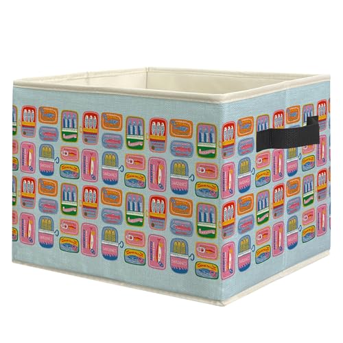 Blue Coastal Beach Sardine Fish Storage Bin Box, Trendy Seafood Ocean Collapsible Storage Basket Organizer for Boys Bedroom Bathroom Beach House Clothes Toys Books, Toybox for Boys