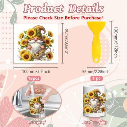 Peacoblue 18 Sheets Rub on Transfers for Crafts, Gnome with Flowers and Teacup 3.6"x3.9" UV DTF Cup Wraps Waterproof Cold Transfers Stickers for Wood Glass Metal Cup Tumblers Mirrors Mugs Home Decor - style: Gnome with Flowers and Teacup