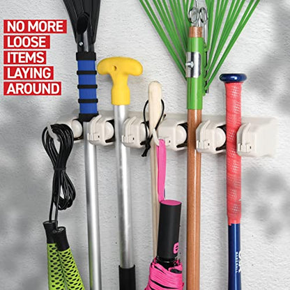 HOME IT Mop and Broom Holder Wall Mount Hanger, Heavy Duty 5 Slots 4Hooks - color: Off-White, size: 1 Pack 5-position, 6-Hooks