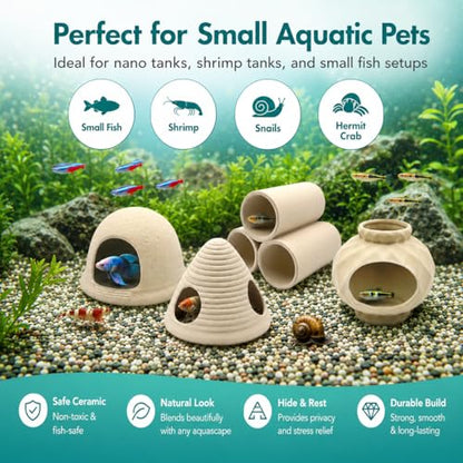 4PCS Betta Fish Tank Accessories, Fish Aquarium Decoration Hideout Caves for Fish Shrimp Crab to Breed, Rest and Play, No Paint, Natural Ceramics Triple Tunnel, Triangle Jar, Lantern & Cave House