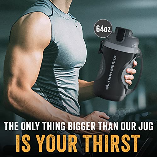 High Sierra 64 ounce Insulated Water Bottle – 64 oz Water Jug, Double Wall Insulation, Leakproof Flip-Top Lid, Silicone Spout, BPA-Free Half Gallon Bottle for Gym, Hiking, Outdoors with Fence Anchor - color: Dark Gray /Black