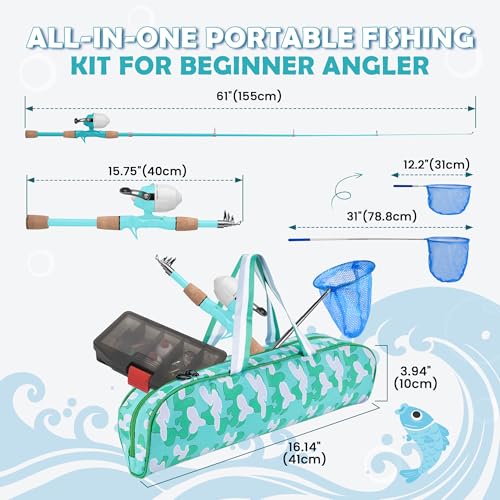 Kids Fishing Pole, Portable Telescopic Kids Fishing Poles for Boys Girls Youth, Fishing Rod and Reel Combo - color: Mint Blue
