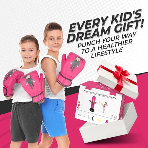 PUNCHO Punching Bag for Kids 3-12 with Boxing Gloves, Pump and Play Book - color: Pink