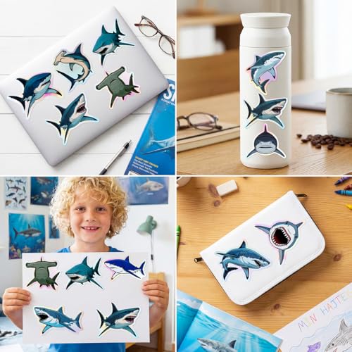 100pcs Holographic Shark Waterproof Vinyl Stickers - Cool Ocean Animal Decor & Party Favors for Laptop, Water Bottle, Classroom