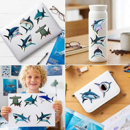 100pcs Holographic Shark Waterproof Vinyl Stickers - Cool Ocean Animal Decor & Party Favors for Laptop, Water Bottle, Classroom