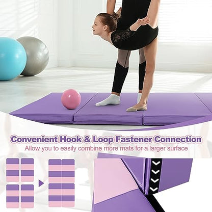 Goplus Gymnastics Mat, Folding Tumbling Mat with Carry Handles, Hook & Loop Fasteners, 4 Panels for Fitness Exercise Yoga Stretching Aerobics Workouts, Thick Gym Mats for Home - color: Pink&Purple