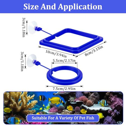 2Pcs Floating Fish Feeder, Fish Feeding Ring for Aquarium, Betta Fishes Tank Accessories Blue Turtle Feeding Ring with Suction Cup, Square & Round Floating Food Feeder for Betta, Goldfish, Turtle