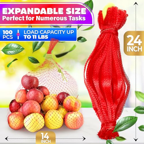 100 Pieces Reusable Nylon Mesh Net - Fruit and Vegetable Storage 24"L - Seafood Boil Bags Red Mesh Net Bag Small Netting for Produce Ideal for Onion Potato Garlic Storage Shellfish Crab Crawfish Sacks