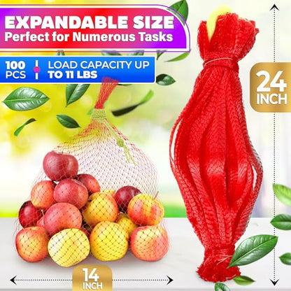 100 Pieces Reusable Nylon Mesh Net - Fruit and Vegetable Storage 24"L - Seafood Boil Bags Red Mesh Net Bag Small Netting for Produce Ideal for Onion Potato Garlic Storage Shellfish Crab Crawfish Sacks