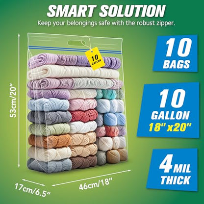 HIBAG 10 Gallon Large Storage Bags, 18” x 20” Resealable Clear Bags with Handle, Extra Large XL Heavy Duty for Clothes Pillow Travel Moving, Pack of 10 - size: 10 gal - 10 pack