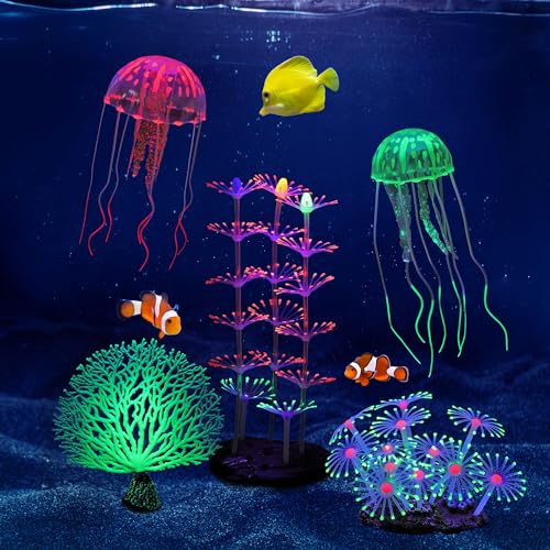 5 Packs Glow Aquarium Decorations Branch Coral Tree Glowing Jellyfish Simulation Glow Plant Glowing Effect Silicone for Fish Tank Decorations - color: 5 Pcs(branch Coral+coral Tree+coral And+2x Jellyfish)