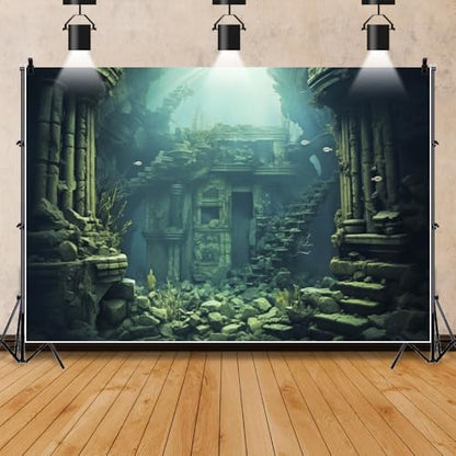 7x5ft Underwater Backdrop Undersea Roman Building Gothic Style Palace Mid Century Photography Background Aquarium Building Stone with Fish Seaweed Deep Sea Sunlight Decor
