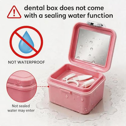 Denture Case Kit, Retainer Cleaning Case False Teeth, Retainer Cleaning Denture Bath Cup with Mirror Use in Denture Bridges, Denture Soaking Container, Traditional Braces for Travel （Pink） - color: pink