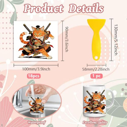 Peacoblue 18 Sheets Rub on Transfers for Crafts, Samurai Cat 3.6"x3.9" UV DTF Cup Wraps Waterproof Cold Transfers Stickers for Wood Glass Metal Cup Tumblers Mirrors Mugs Home Decor - style: Samurai Cat