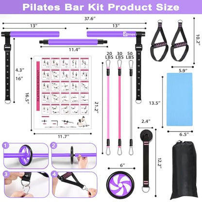 BBTOPS Pilates Bar Kit with Resistance Bands,Ab Roller,2 in 1 Foot Strap & Handle,Door Anchor Pilates Equipment with Resistance Bands, Portable Home Gym Yoga Fitness Bar for Women & Men