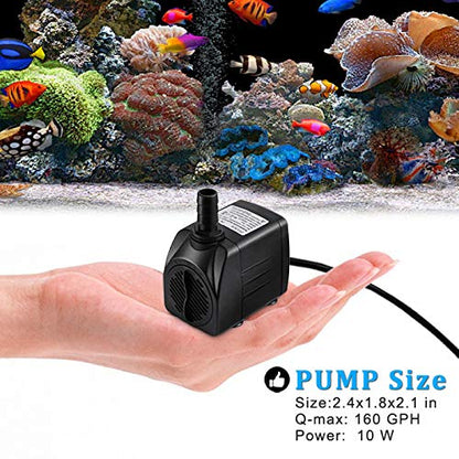160GPH Small Fountain Pump, Ultra Quiet Submersible Water Pump (600L/H, 10Watt) with 3.3 ft Tubing for Aquariums, Pond Fountain, Water Feature, Indoor Fountains