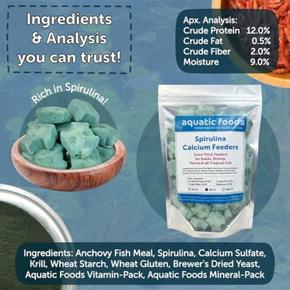 Spirulina Enriched Calcium Feeders for Shrimp, Snails, Crabs, Crayfish, Pleco, Catfish, All Tropical Fish…50 Count Bag
