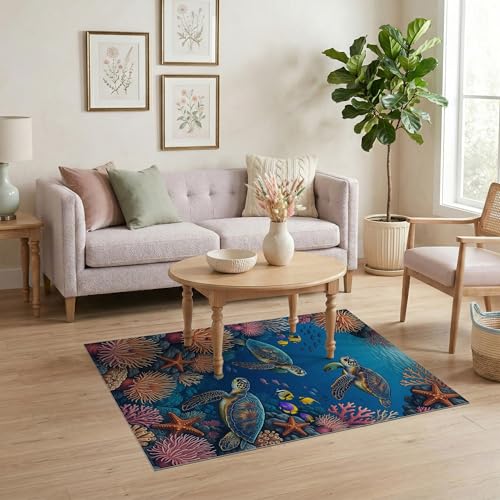 4'x6' Washable Beachy Turtle Accent Rug, Pink Non-Shedding Small Carpet for Playroom, Bedroom, Reading Nook, Pet Friendly & Kids Safe Play Mat | Ref:1955521 - color: Blue/Pattern 24, size: 4' x 6' (Rectangular)