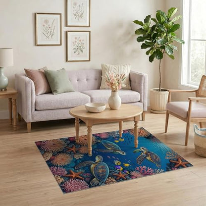 4'x6' Washable Beachy Turtle Accent Rug, Pink Non-Shedding Small Carpet for Playroom, Bedroom, Reading Nook, Pet Friendly & Kids Safe Play Mat | Ref:1955521 - color: Blue/Pattern 24, size: 4' x 6' (Rectangular)