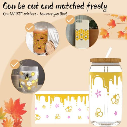 24pcs Cute Bees UV DTF Cup Wrap,UV DTF Cup Wraps for 16 oz,Glasses,Tables,Chairs,Computers,High Viscosity UV DTF Transfer Paper - style: Cute bees