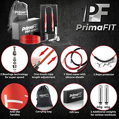 PrimaFIT Pro Speed Jump Rope for Adults, Weighted Skipping Rope for Boxing - color: Red