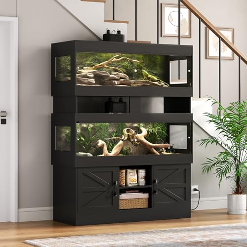 Dual 60 Gallon Reptile Tank with Stand,Reptile Enclosure,Bearded Dragon Tank,Reptile Terrarium with Cabinet,Sliding Doors,Power Outlet for Snakes,Lizards,Crested Geckos Black CAGE003B
