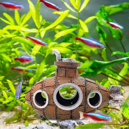 Brown Retro Floating Submarine Ornament for Aquarium - Cute Resin Hovering Decor, Safe Interactive Tank Accessory for Betta, Cichlids, Goldfish, Shrimp, Hermit Crabs