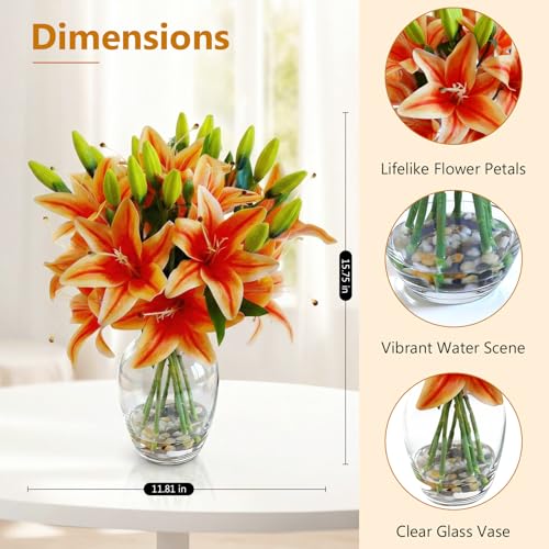 Garvee Tiger Lily Artificial Flowers, Lifelike Fake Lilies in Vase with Faux Water, Artificial Floral Arrangements for Home Office Anniversary, Birthday & Special Occasions Decor, Orange