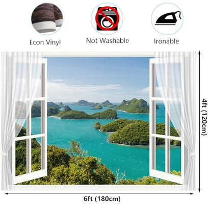 6x4ft Window Scenery Backdrop Ocean View Natural Scenery Photography Background Holiday Home Decor Photo Booth Props - size: 6x4ft