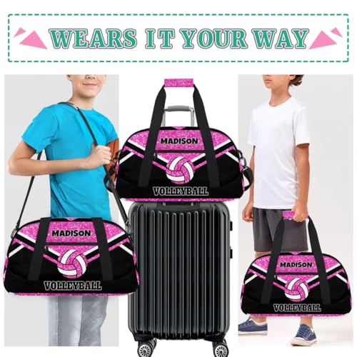 Personalized Volleyball Sports Bag, Bright Pink Glittering with Black | Custom Sport Duffel Bag Large Compartment Cheerleaders Dance Bag Weekender Bags Travel Bag - color: Hot Pink