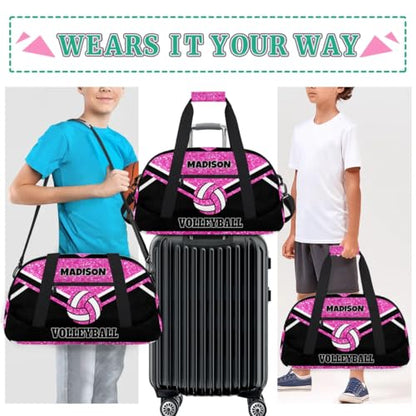 Personalized Volleyball Sports Bag, Bright Pink Glittering with Black | Custom Sport Duffel Bag Large Compartment Cheerleaders Dance Bag Weekender Bags Travel Bag - color: Hot Pink
