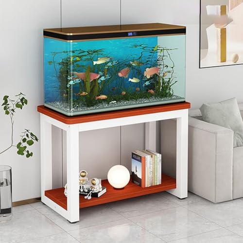 Double-Tier Fish Tank Stand, Heavy-Duty Aquarium Stand, With Shelving Unit, Features Non-Slip Pads, Reptile Enclosure Stand, Suitable For Fishkeeping, Turtle Keeping(White+Teak,23.6x17.7in) - color: White+Teak, size: 23.6x17.7in