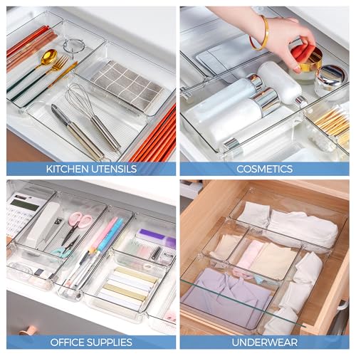 Ravinte 6 Pack Drawer Organizer - 3" X 3" Plastic Storage Bins, Acrylic Organizers with Non-Slip Pads Clear Desk Storage Tray for Makeup, Jewelries, Kitchen Utensils, Bathroom and Office - size: 3" x 3"