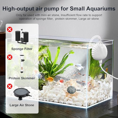 Small Aquarium Air Pump for Fish Tank Up to 15 Gallon | Quiet, Ultra Silent, 1.3W, Kit with Air Stone Tubing Hook