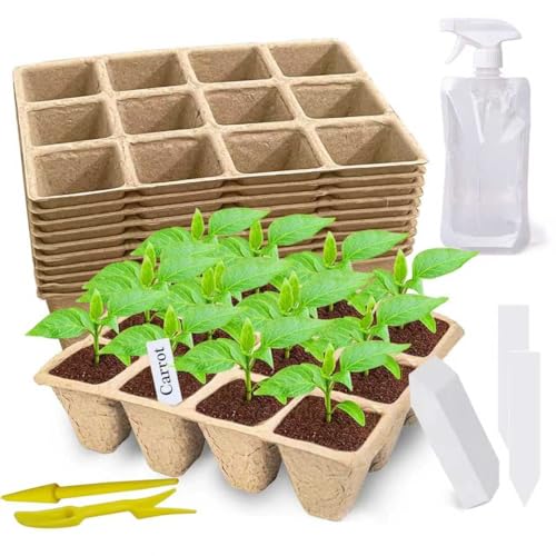 120 Cells Seed Starter Tray, 10 Pack Biodegradable Peat Pots with 100 Labels, Plant Starter Kit for Seedlings - size: 120 Cells, 10 Packs