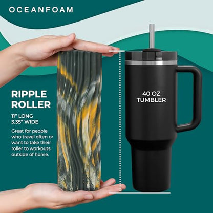 Oceanfoam Ripple Travel Foam Roller (11" x 3.35") Firm Mini Foam Roller for Physical Therapy, Deep Tissue Massage, Back Pain - High Density, Wave Textured - Yoga (Hunter, Gold & Natural Marbled) - color: Hunter, Gold & Natural Marbled