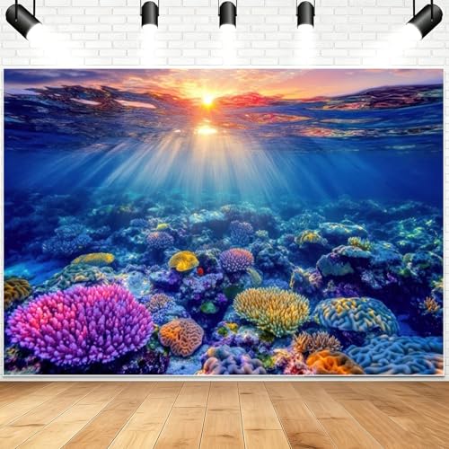 Yeele 10x7ft Deep Sea Ocean Backdrop Tropical Colorful Coral Sunrise Sun Rays Underwater World Background Kids Mermaid Under The Sea Birthday Party Decor Photo Booth Props - size: 10x7ft