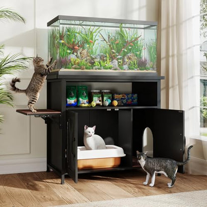 40-50 Gallon Fish Tank Stand with Hidden Cat Litter Box Enclosure Furniture, Cat Viewing Aquarium Stand with Storage Shelf & Side Cat Perch, 36.2"x20.5" Tabletop, 660 LBS Capacity - color: Black