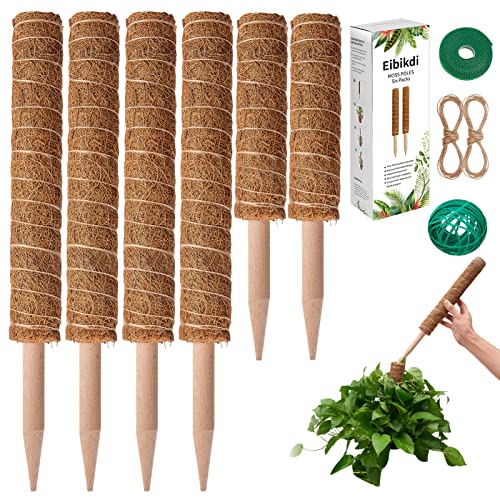 6 Pcs Moss Pole Extending to 68 Inches for Plants Monstera, Plant Support Stakes for Indoor Climbing Plants Grow Upwards, with 65ft Twist Ties, 13ft Jute Rope, 6.5ft Hook-and-Loop Strip - size: 6 Packs