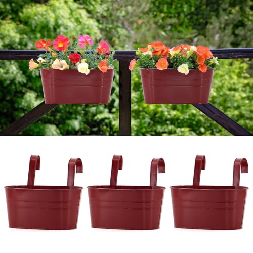 3 Pack Metal Railing Planters, 10.5" Oval Hanging Flower Pots with Detachable Hooks & Drainage Holes, Fits Rails up to 2.36", Galvanized Iron Fence Bucket for Balcony Garden Patio - Red - color: Red, size: 3 Pack, 10.5"L x 5.7"W x 4.7"H